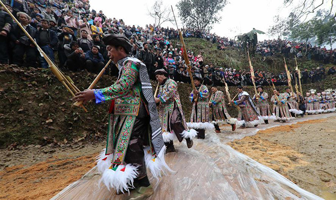 Miao people celebrate Guzang Festival in SW China's Guizhou